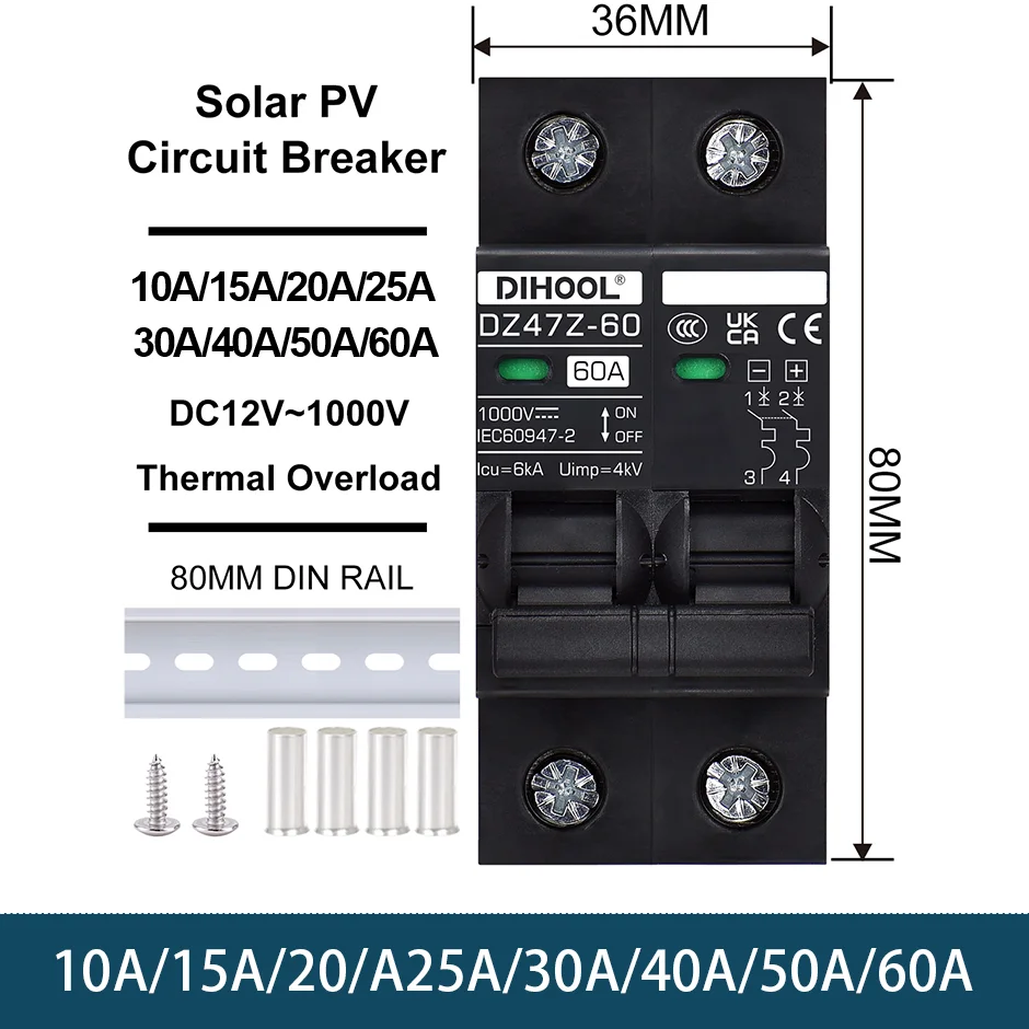 DC1000V MCB Solar DC Circuit Breaker Overload Protection Disconnect Switch 100A 120A 20A 25A 30A 40A 50A 60A Battery Protector