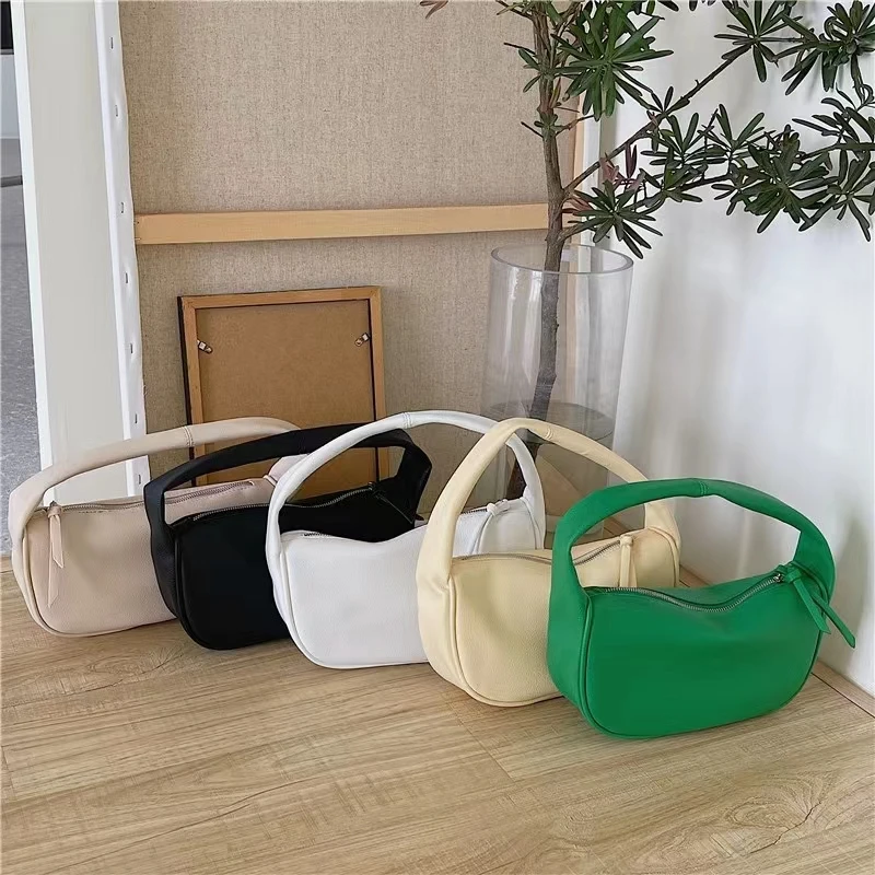 Plain color simple fashion soft leather tote bag all-around girl bag commuting date daily armpit bag small dumpling bag