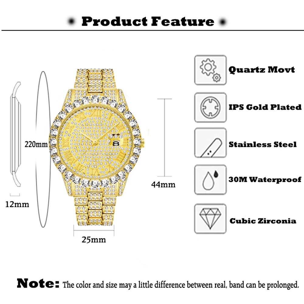 Luxury Men Watch Fashion Roman Numerals Full Diamond Quartz Wristwatch Hip Hop Bling Bling Iced Out Waterproof Clock Gift 2022