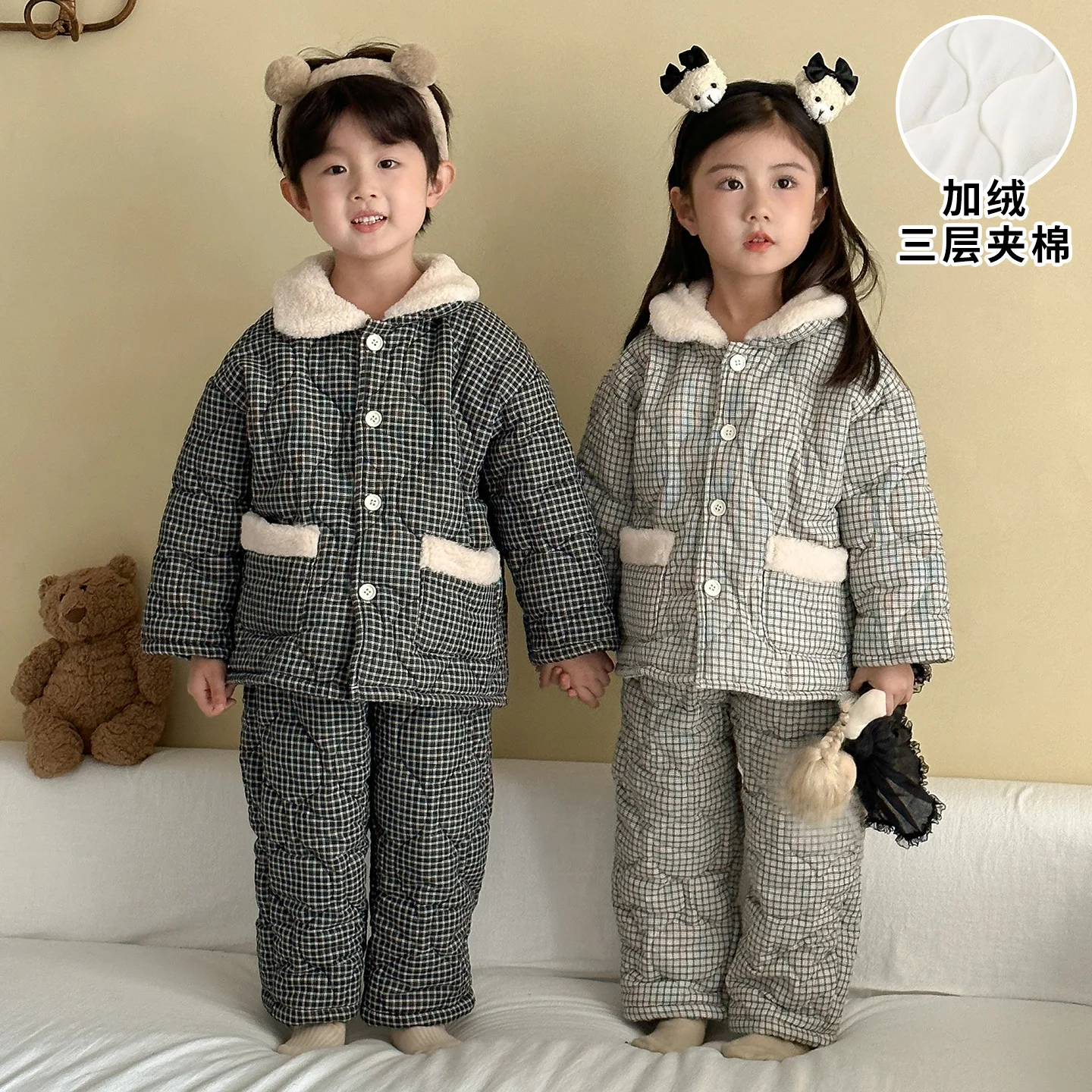Plaid Children's Sets Sleepwear Pajama Set Autumn Winter Warm Plush Lining Kids Jacket and Pants for Boys and Girls Sets