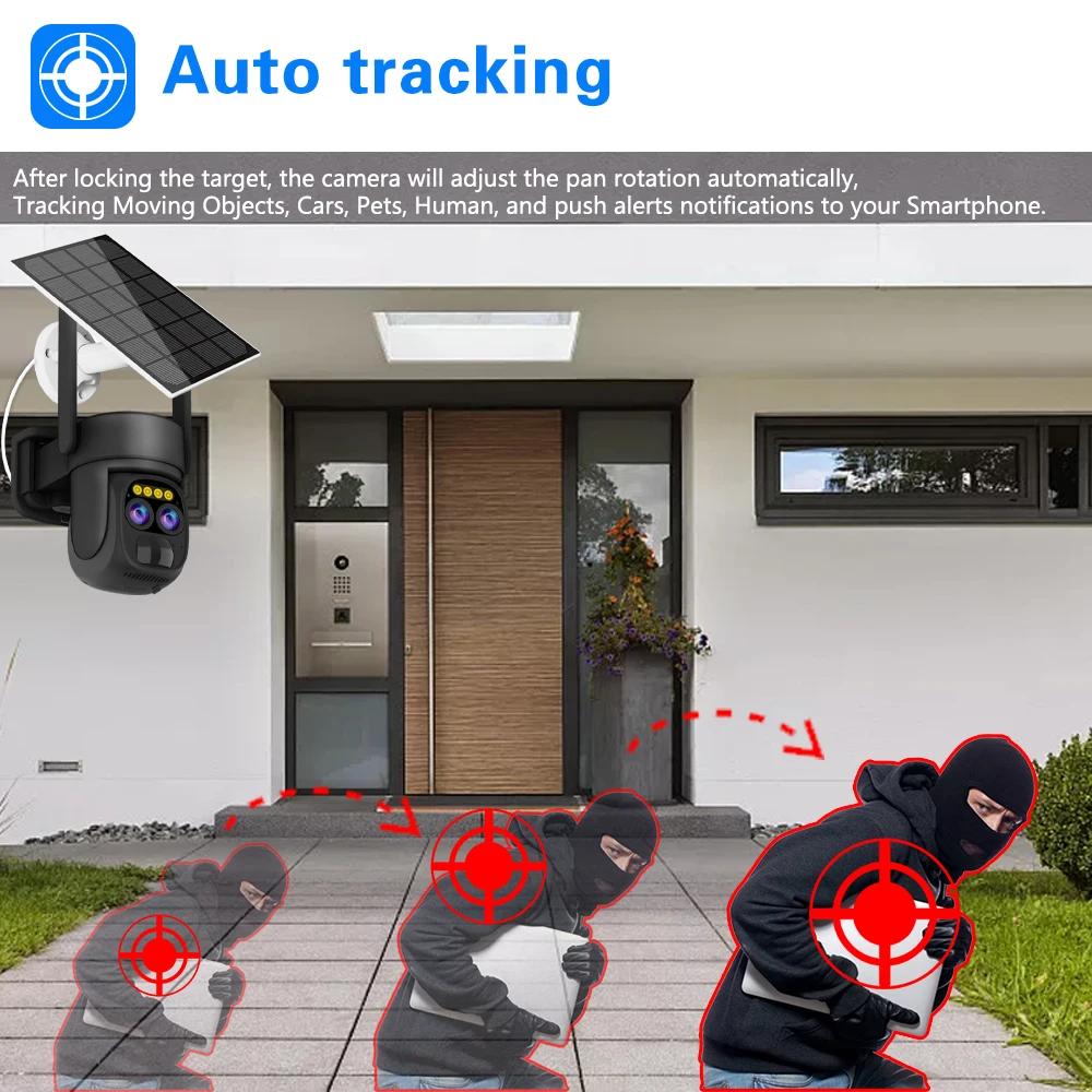 Caméra de surveillance extérieure solaire WiFi 8MP, dispositif de sécurité sans fil, avec suivi automatique, n\'aime PTZ 10X, vision nocturne, 4K AI