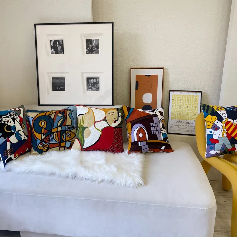Embroidery Abstract Pillowcase Cotton Cushions Covers Picasso Decorative Throw Pillows Covers for Sofa Living Room Home Decor
