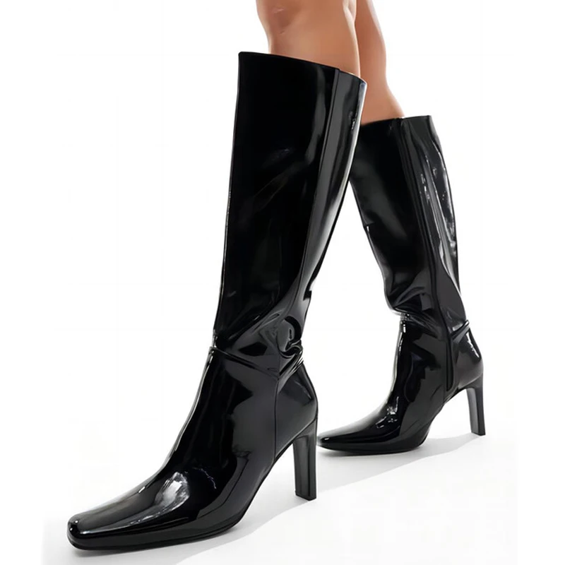 

Large Size 46 Mirror Patent Long Booties Women Side Zipper Knee High Boots Shiny Shoes Square Toe Chunky Heels Unique Design