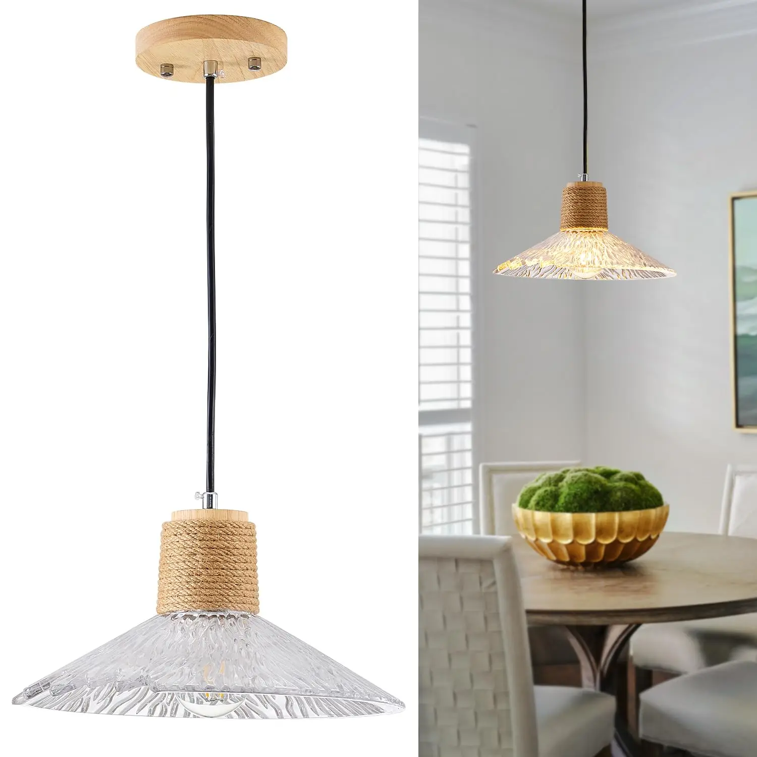 

Luxury Pendant Light Fixtures for Kitchen Island, Farmhouse Rattan Adjustable Hanging Lamp for Living Room