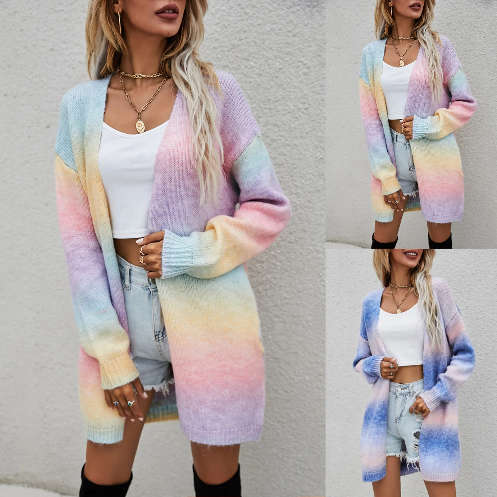 Women\'S Rainbow Tie-Dye Knitted Cardigan Coat Medium Long Plus Size Casual All Match Coat Autumn And Winter Fashion Warm Coats