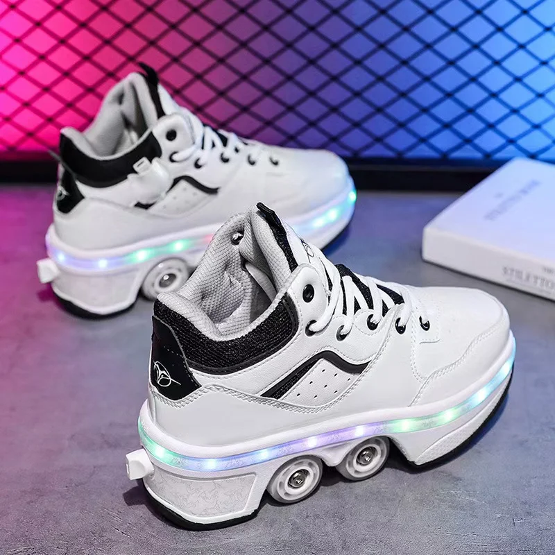 Dual-purpose Deformable Children's Fast Walking Shoes Four-wheeled Adult USB Charging Double-row Roller Skates Sneakers