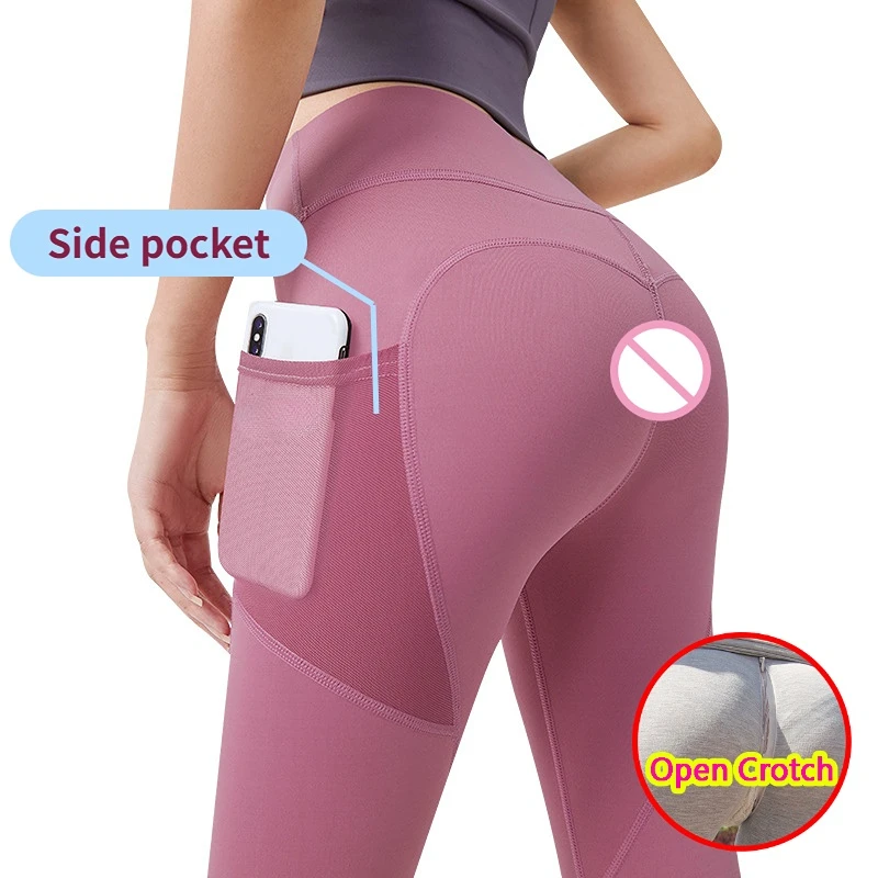 Woman Sexy Open Crotch Leggings Gym Sport  Side Pocket Hidden Zipper Panties Fitness Hot Pants Tight Crotchless Clubwear Costume