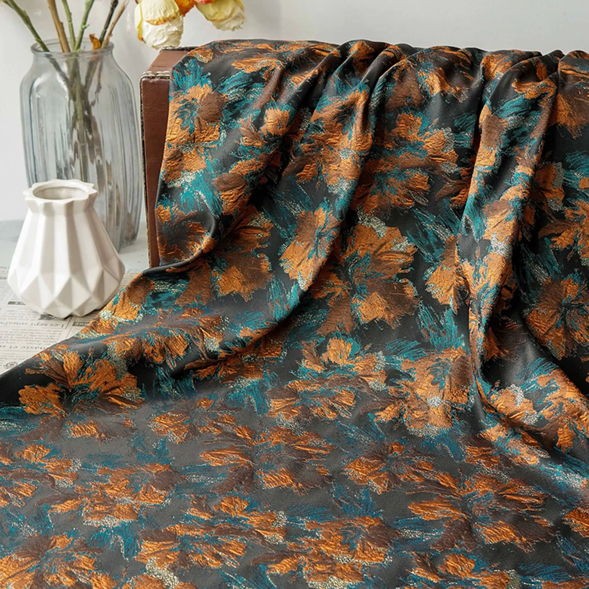 

3D Embossed Floral Oil Painting Style Jacquard Fabric Retro Gown Dress Suit Bag Yarn Dyed Sewing Fabric