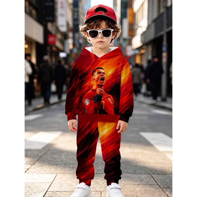 Boys 2Pcs Hoodie Jogger Tracksuit Football Star Flag Cartoon Graphic Kids Sport Suit Suitable for Outdoor, Birthday Gift
