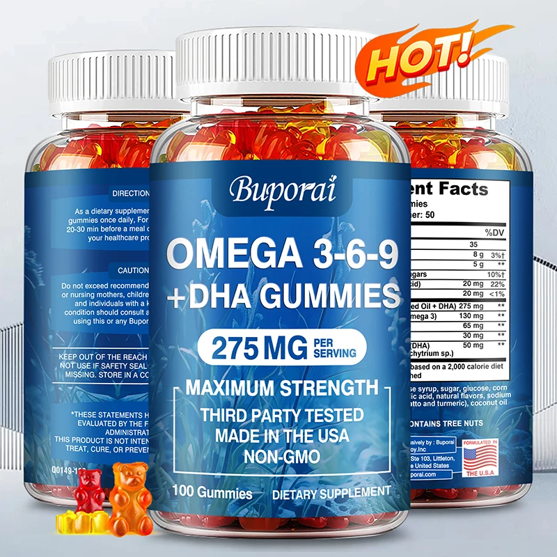 Omega 3 6 9 + DHA Gummies - Brain Health, Enhances Concentration, Memory, Improves Blood Circulation, Eye Support