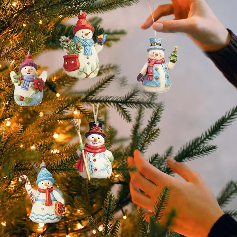 Wooden Snowman Ornaments Kit Decorative Pendant Christmas Snowman Pendant With Rope Hangable Crafts For Farmhouse Home Party