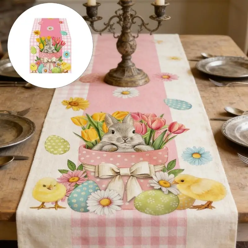  Linen Table Cover With Colorful Bunnies Eggs Print Easter Spring Washable Table Runner For Holiday Gatherings And Event