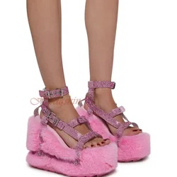 Sexy Wedges Fur Platform Sandals Open Toe Buckles Straps Crystal Sandals Women New Shoes Designer Rivet Summer Runway Shoes