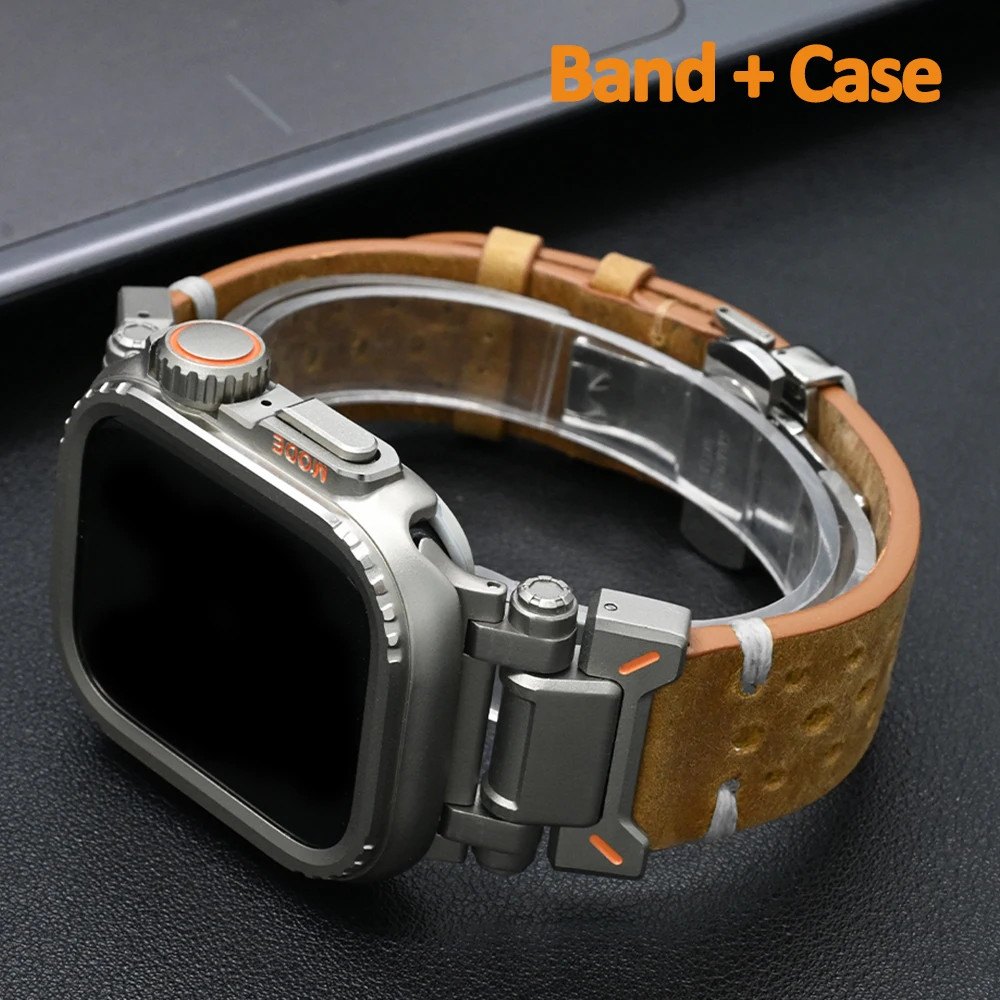 

Leather Soft Bracelet Metal Case for Apple Watch Ultra 2 49mm 10 46mm Butterfly Buckle Strap For Iwatch 9 8 7 6 SE 45mm 44 Band
