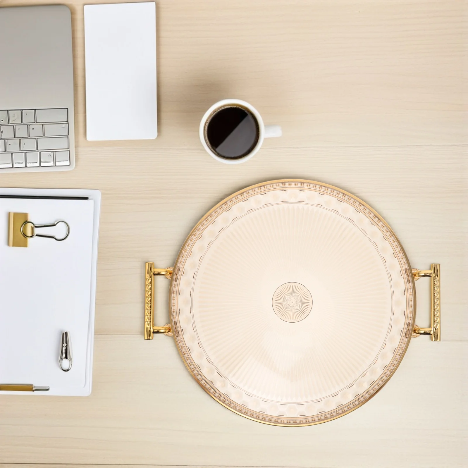 

Round Serving Tray Plastic Decorative Tea Coffee Organizer Handles Kitchen Living Room Wedding Decorative Tray