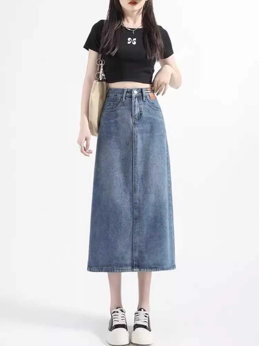 

Джинсовая юбка А-силуэта с высокой талией и разрезом для женщин, весна-лето, винтажный синий цвет, длина миди, прикрывающая бедра