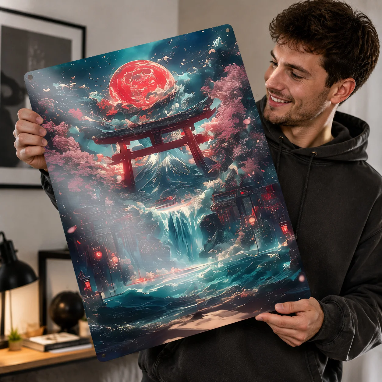 Torii Gate Waterfall 3D Printed Texture Poster Personalized Wall Art Retro Metal Tin Signs for Office Decoration Gaming Interior