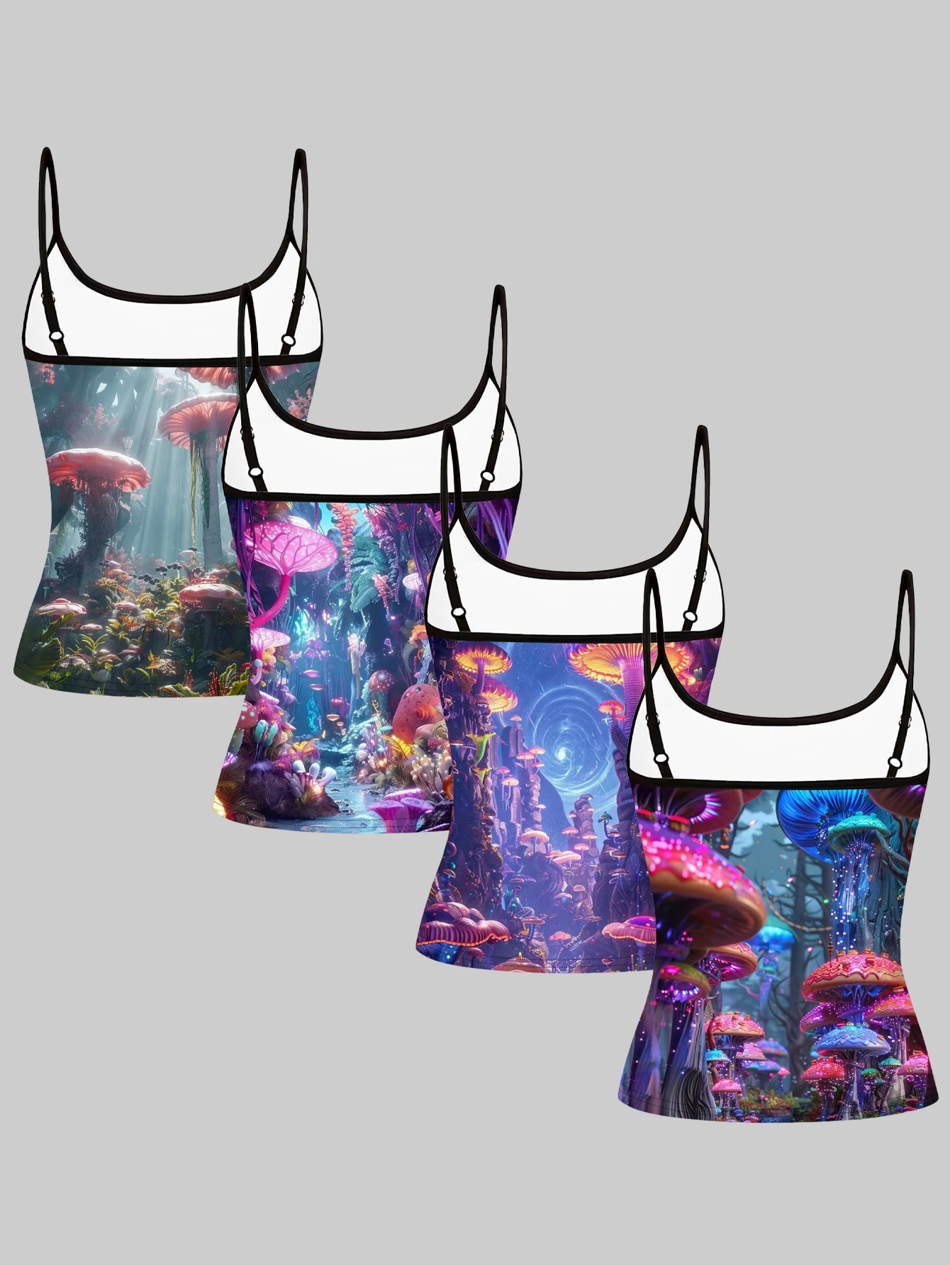 Women's 4-Pack Printed Camisole Tops: Sunlight Rainforest Big Mushroom, Purple Neon Glowing Mushroom, Blue-Purple Swirl Magic Mushroom, Colorful Wonderland Mushroom Forest Pattern Slim Fit Sleeveless Outerwear Base Layer Top