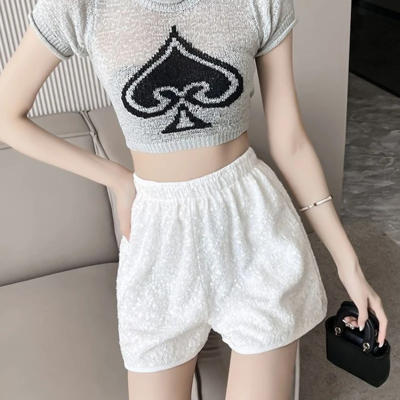 2026 Summer Women Sequin High Waist Drawstring Short Pants with Pockets Flared A Line Trousers Slim Fit