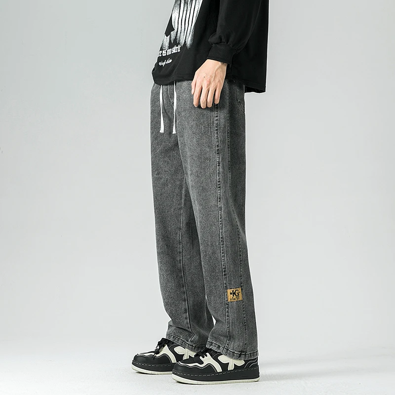 Black Wide Leg Jeans Men Baggy Versatile Casual Drawstring Straight Denim Pants with Loose and Comfortable Fit for All Occasions