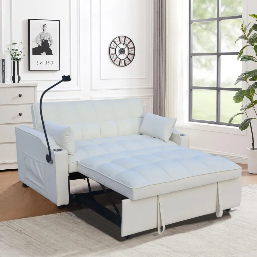 

Modern Velvet Loveseat Futon Sofa Couch w Pullout Bed Small Love Seat Lounge Sofa with adjustable Reclining Backrest Toss Pillo