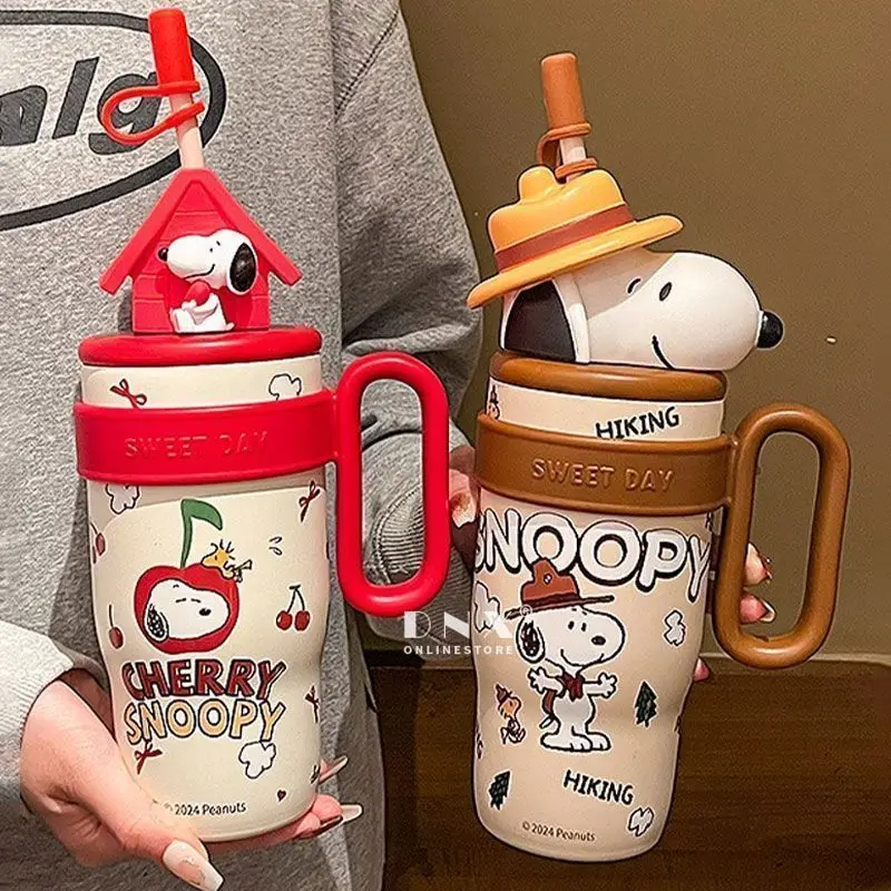 Anime Snoopy Peanuts Character Vacuum Insulated Cup 3D Figurine Lid with Straw Large Handle Design Stainless Steel Water Tumbler