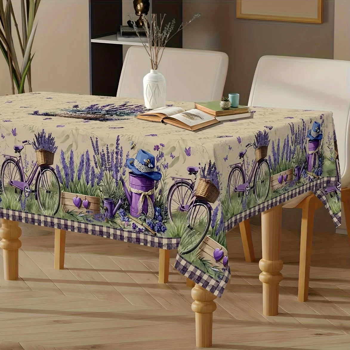 One vintage lavender tablecloth - featuring purple butterfly flowers and a retro bicycle designzyc