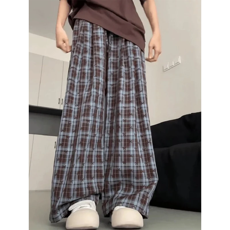 Kobiety Jesień Koreańska Moda Plaid Bow Wysoka Talia Duży Rozmiar Szerokie Nogawki Odzież Damska Casual All-match Trend Printing Casual Pants