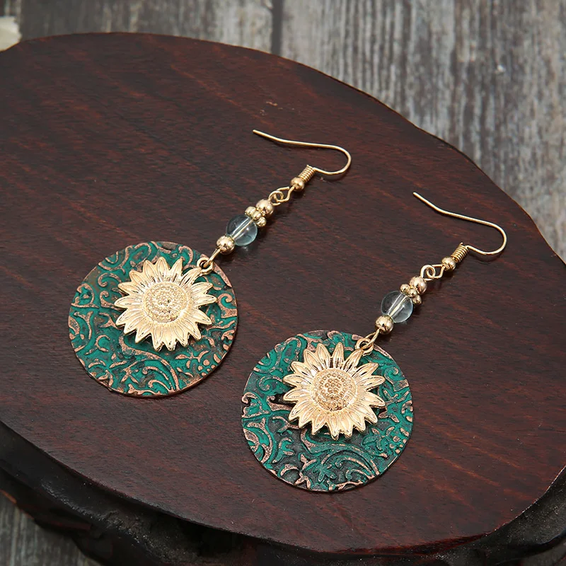 2022 New Product Retro Bohemian Color Separation Double Sunflower Delicate Pattern Earrings Retro Fashion Drop Earrings