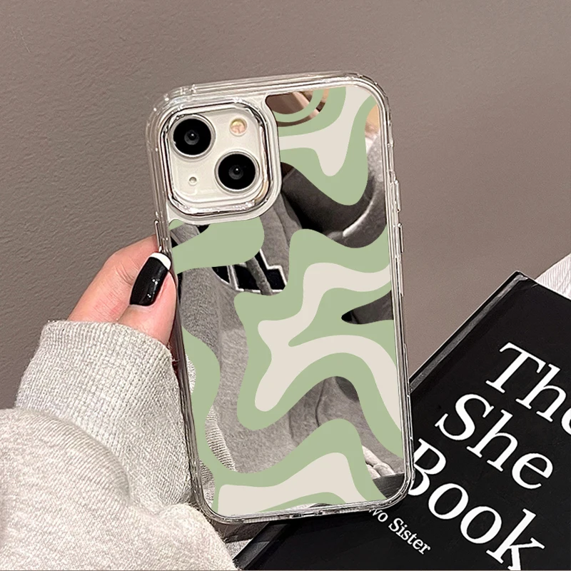 Wavy Pattern Painted Case For iPhone 14 Funda Makeup Mirror Cases For iPhone 15 11 14 12 13 Pro Max X XR XS Max Shockproof Cover