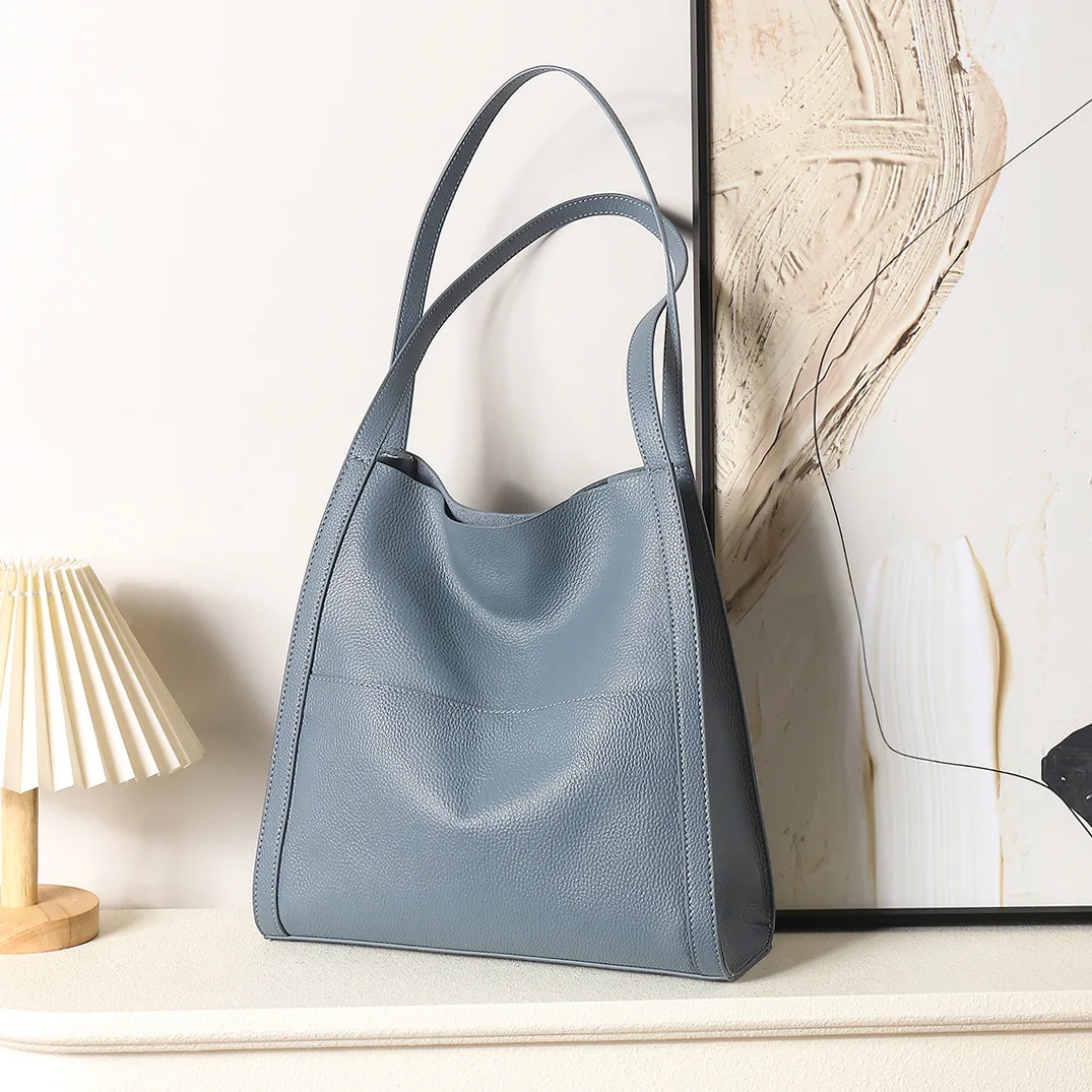 Commuter Tote Bag Women's Soft Cowhide Leather Large-capacity Bucket Bag Female Solid Color Premium Casual Shoulder Handbag image 2