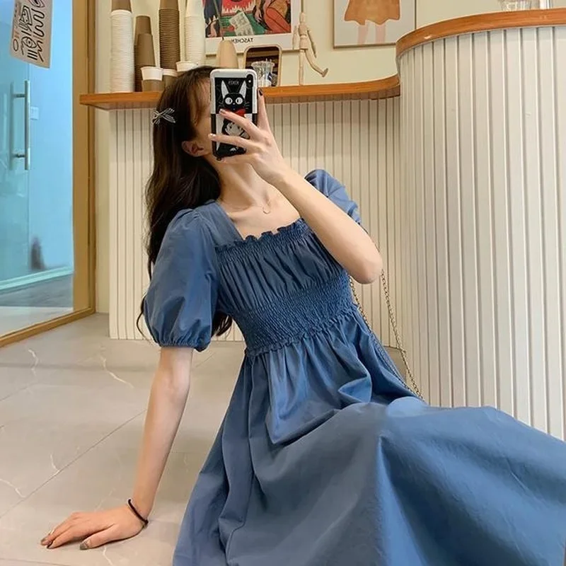 

Korean Fashion Short Puff Sleeve Dress Women sweet Summer Square Collar Mid-calf Elegant vintage A-line Dresses mujer vestidos