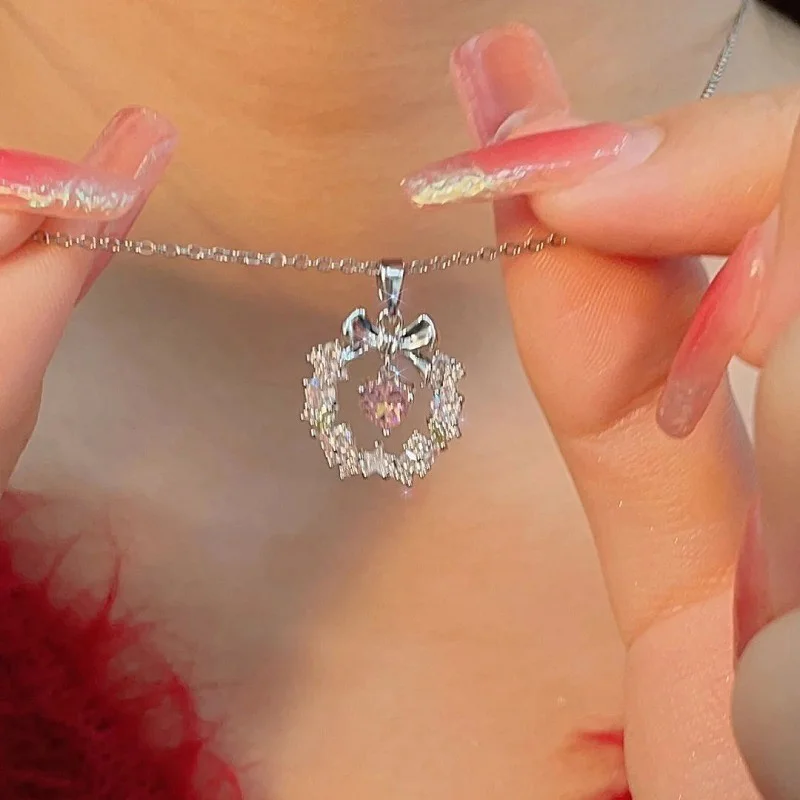 Punk Pink Love Heart Bow Crystal Necklaces For Women Goth Vintage Fashion Light Luxury Charm Choker Flower Necklace Jewelry image 3