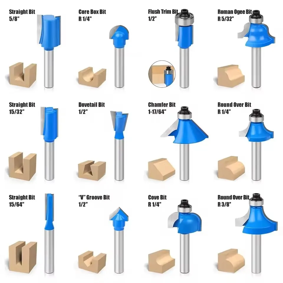 15 pezzi 1/4 "1/2" 8mm set di punte per router diritte in carburo di tungsteno con gambo, frese a filo per la lavorazione del legno, carpenteria fai da te