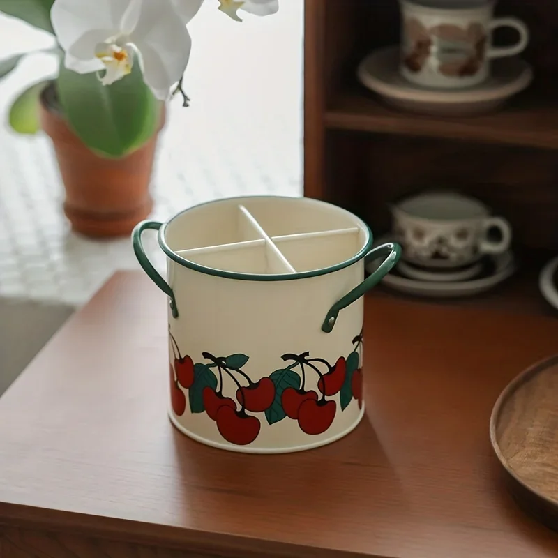 Vintage Cherry Tableware Bucket  Household Kitchen Chopsticks Cage Knife And Fork Storage Bucket Creative