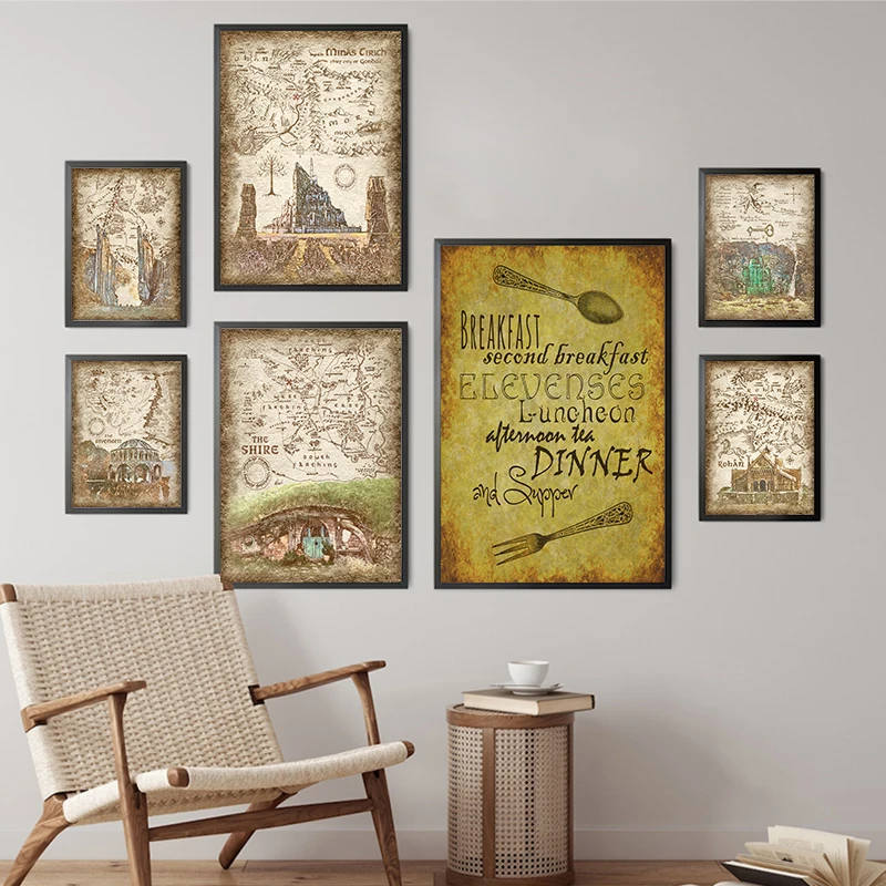 Fantasy Literature Tolkien Quote Art Print Vintage Poster Rustic House of The Shire Map Canvas Painting Wall Picture Decoration