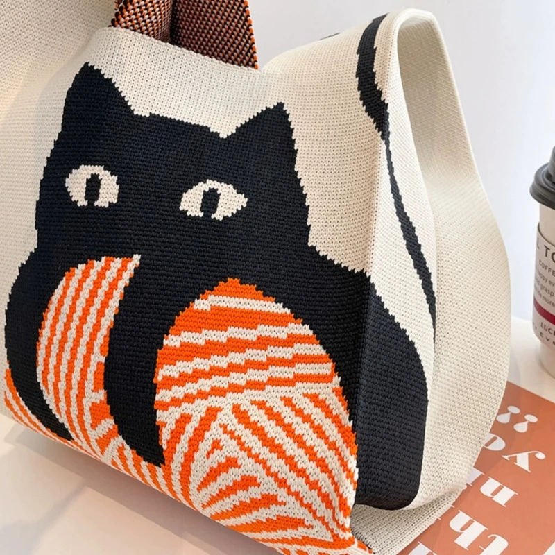 10PCS Handmade Knitted Wristlet Knitted Bag Casual Colourful Tote Student Reusable Shopping Bag  Korean Cat Tote Bag