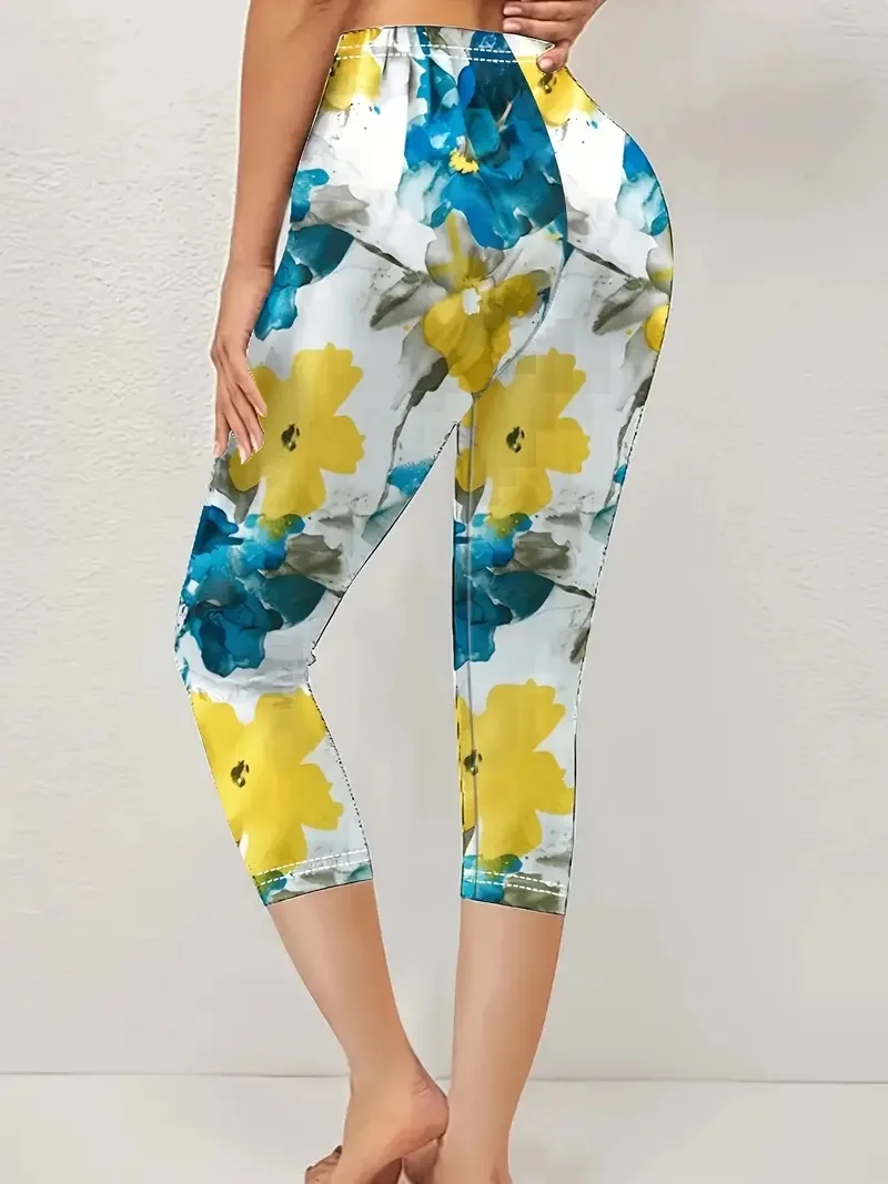 Floral print stretch slim elastic waist tight casual leggings capri pants for women