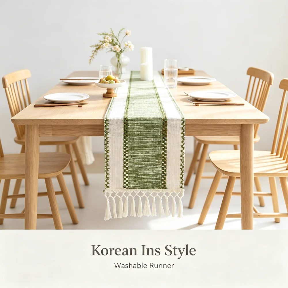 1 pc Korean Ins Green Tassel Table Runner, Polyester Striped Table Flag, Multipurpose Decor Cloth for Dining Table, TV Cabinet
