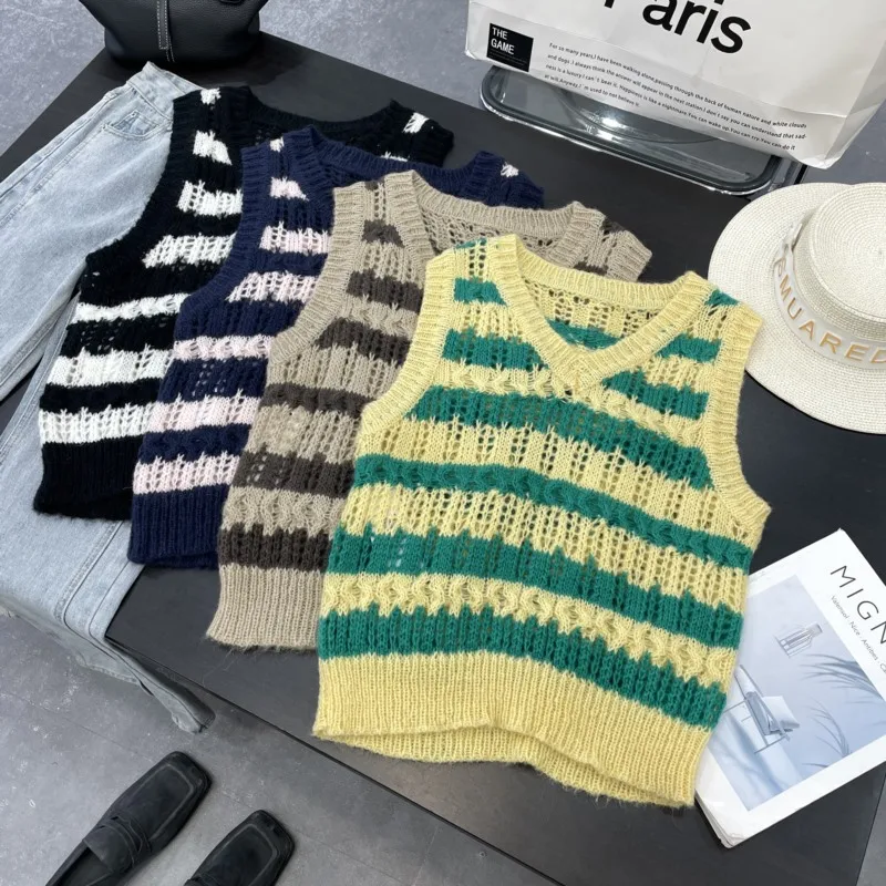 

Faionable Color Sweater Vest Hollow out Striped Women's Top Sweet Sle Single Piece Sweet Sle Regular Length Sv...