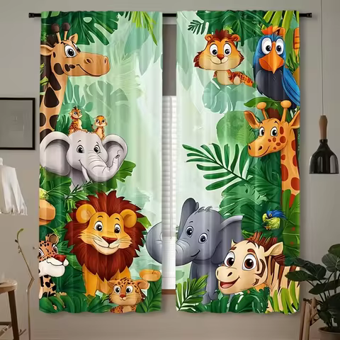 2PC Cartoon Jungle Animal Sheer Curtains - Kids Safari Themed Print Window Drapes for Children's Room Bedroom Decor