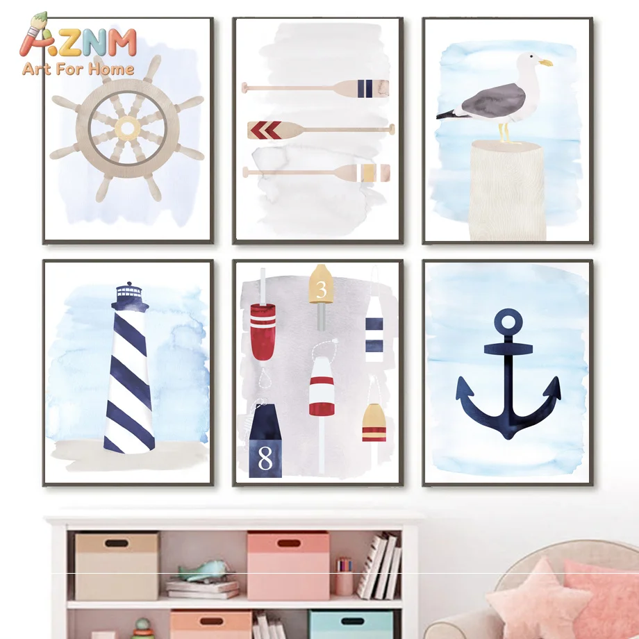 AZNM Watercolor Nautical Canvas Wall Art Print, Lighthouse Anchor Ship Wheel Seagull Buoy Marine Soft Blue Kids Room Coastal Dec
