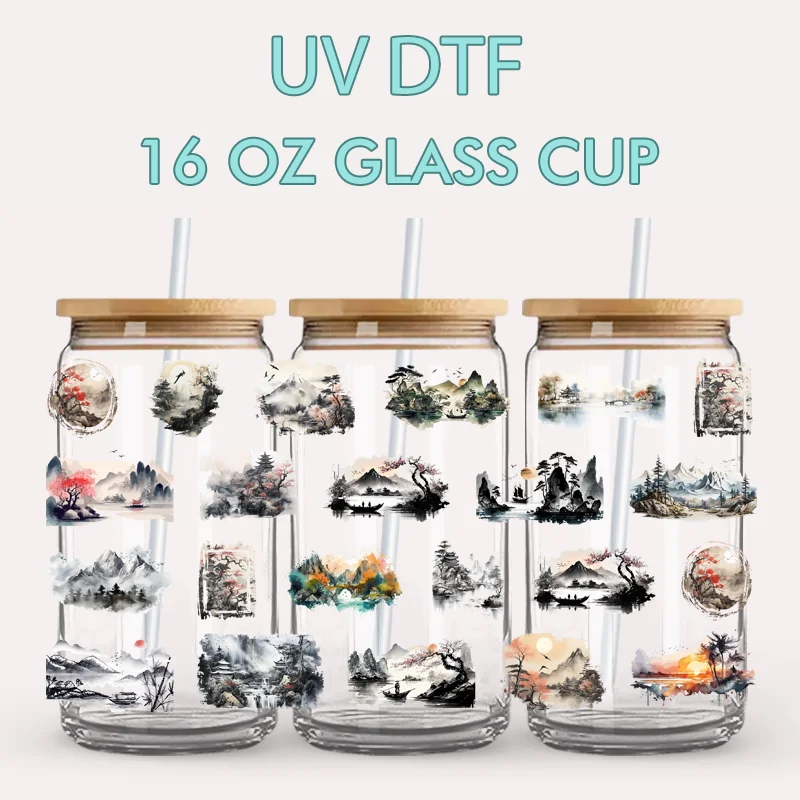 4 Sheets Chinese Ink Landscape UV DTF Cup Wraps For Glass Cups DIY Waterproof Rub On Transfer Stickers