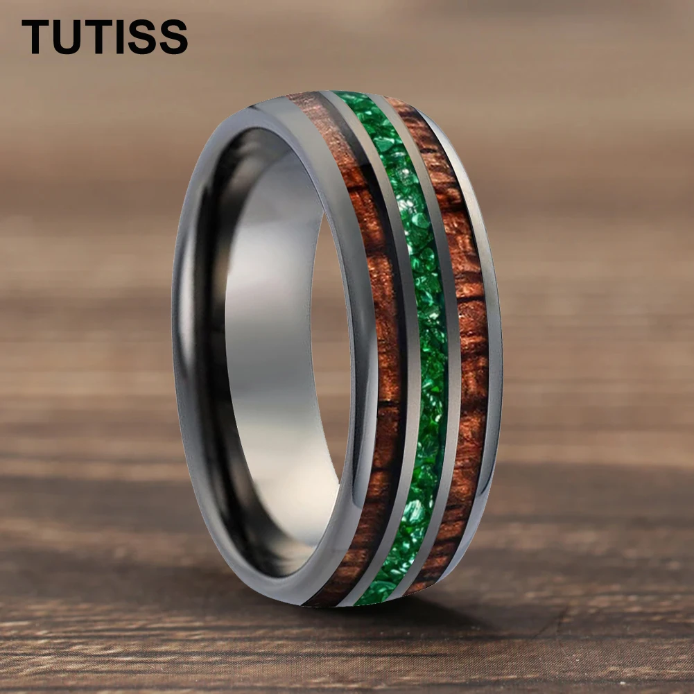 

TUTISS 6/8mm Tungsten Carbide Ring Inlaid Hawaiian Koa Wood Tungsten Rings Green Crystal Stone Wedding Band Comfortable Fit