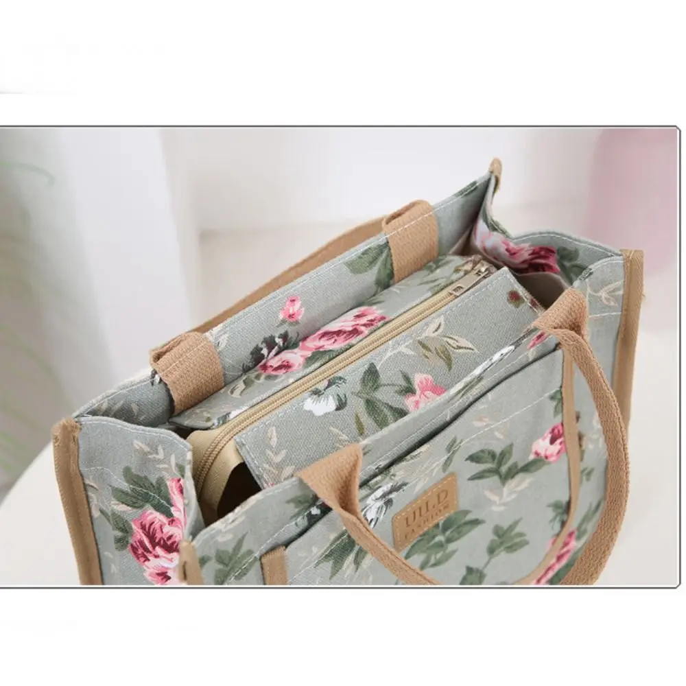 Portable Insulated Floral Print Lunch Bag Foil Lining Flower Thermal Picnic Bag Large Capacity Zippered Tote Bag Worker