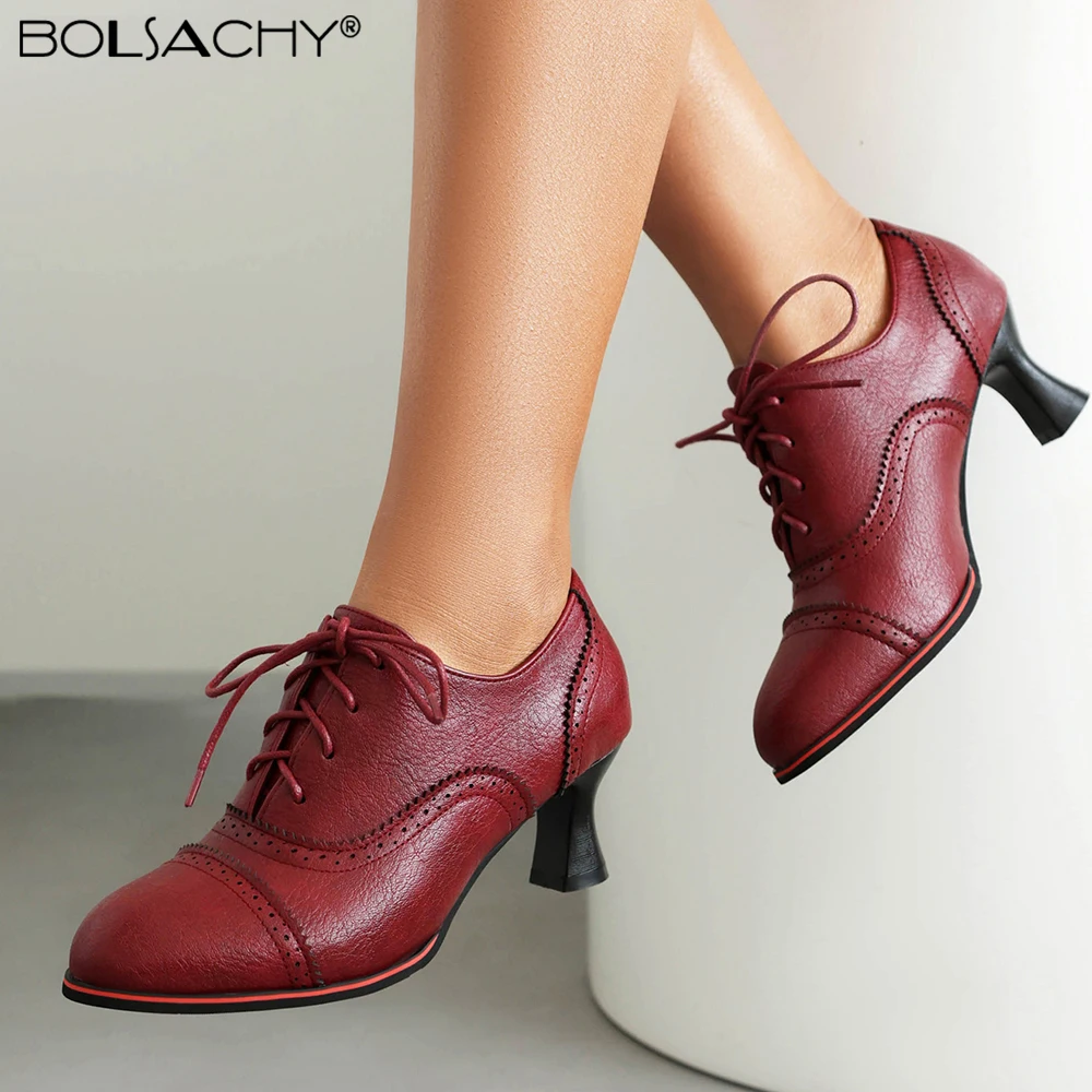 Retro Oxford Pumps Woman Vintage Lace Up Round Toe High Heels Dress Zapatos Ladies Brand Design Wing Derby Shoes Plus Size 43