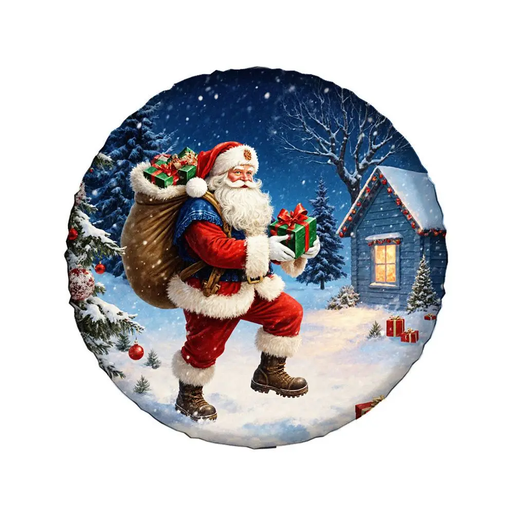 

Santa Claus Delivering Gifts Snowy Winter Tire Cover Durable Polyester Spare Wheel Cover for SUV Truck
