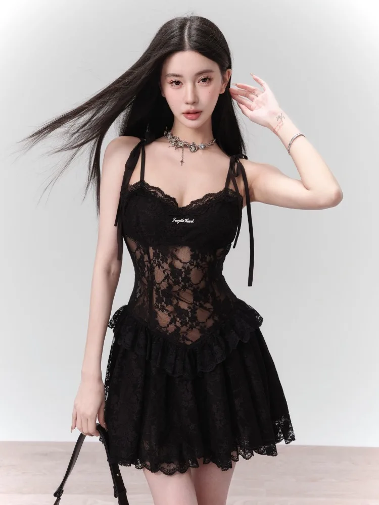 

ADAgirl Sexy Lace Spaghetti Strap Dress for Women Black Perspective Patchwork Mini Dresses Elegant Ladies Design Summer Dress