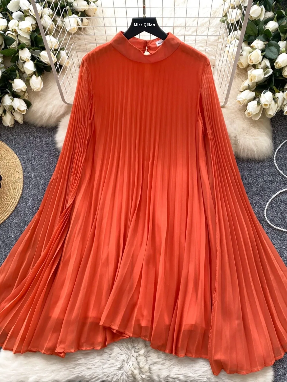 Printemps femmes ample pour Dr avec cloche Sves plissé minceur conception taille haute a-ligne longue Dr coréen Sle trajet