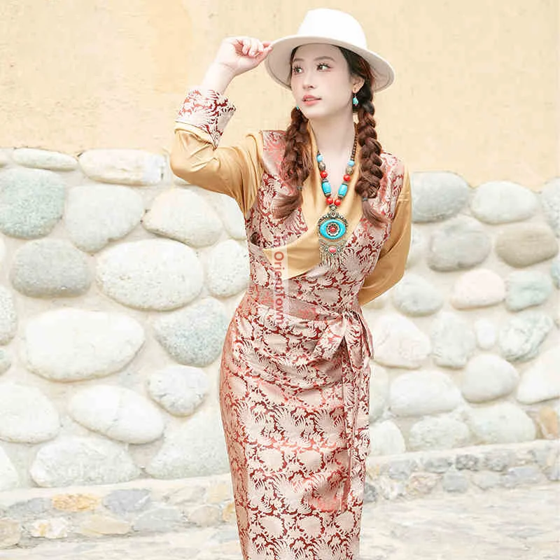 نيبال التبتية العرقية زي المرأة لاسا الاتجاه فستان الرجعية التقليدية شيزانغ رداء الربيع الصيف بولا Guozhuang ثوب TP070